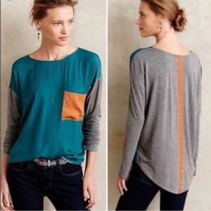 Anthropologie Dolan Teal, Gray & Orange Colorblock Long-Sleeve Top